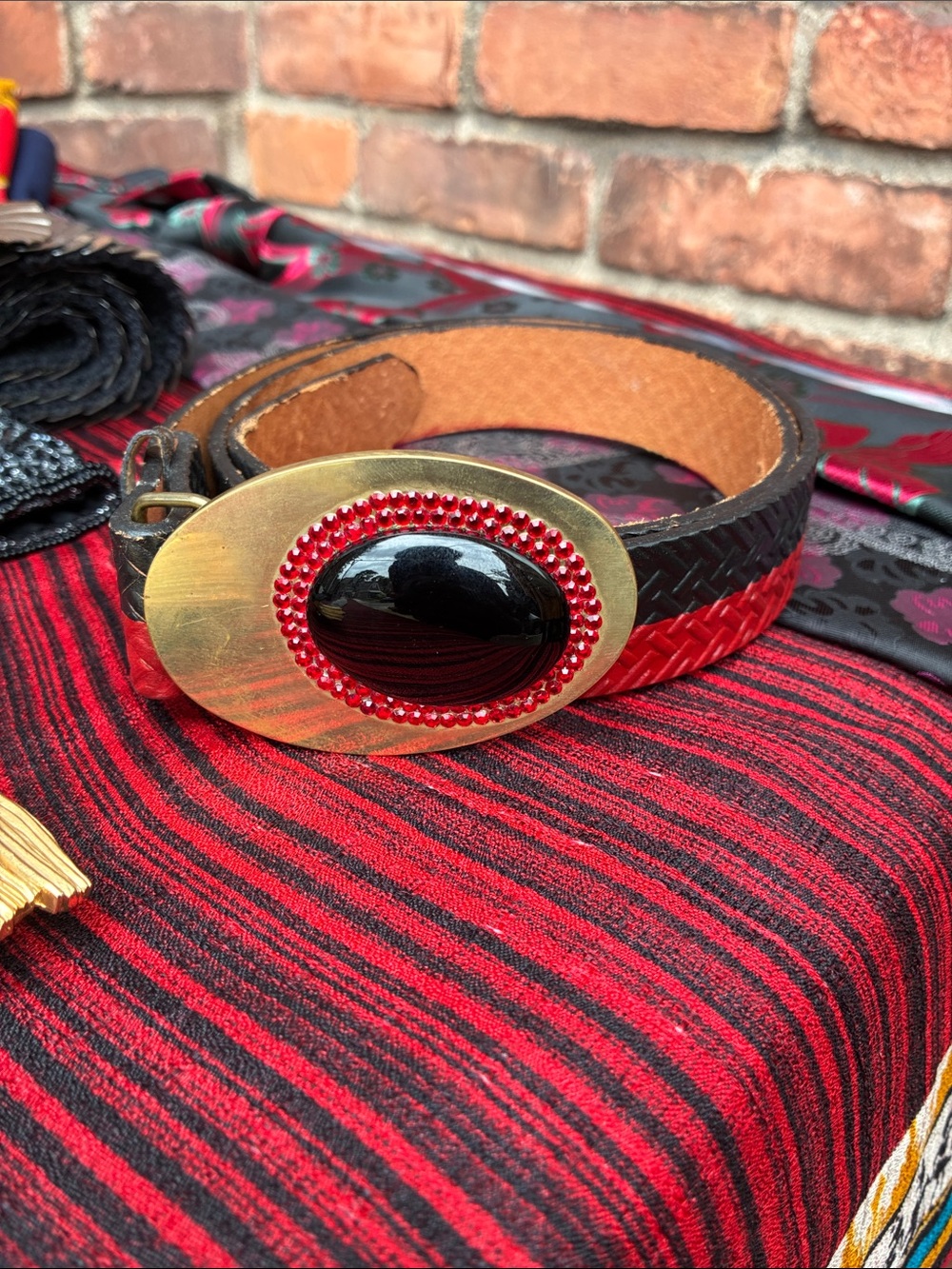 Black and Red Braided Leather Belt with Decorative Gold Buckle